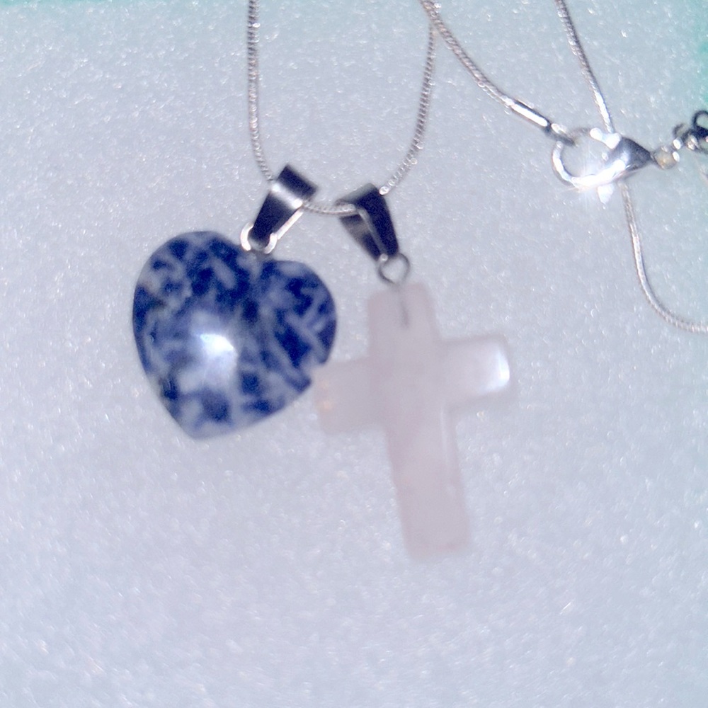 Boho hippie Rose Quartz Crystal Cross & Sodalite heart Sterling Silver …